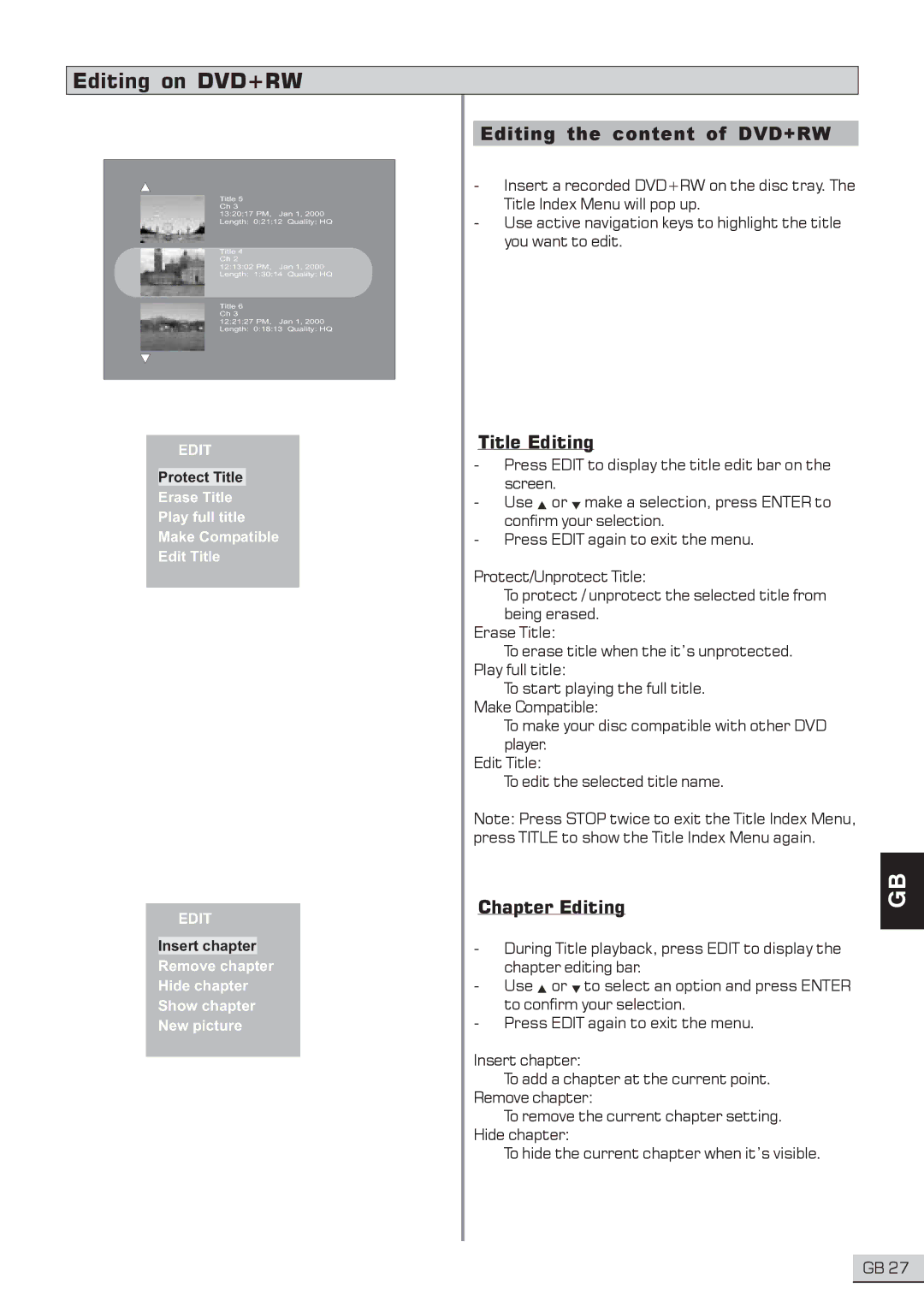 Centrios 1611304 user manual Editing the content of DVD+RW, Title Editing, Chapter Editing 