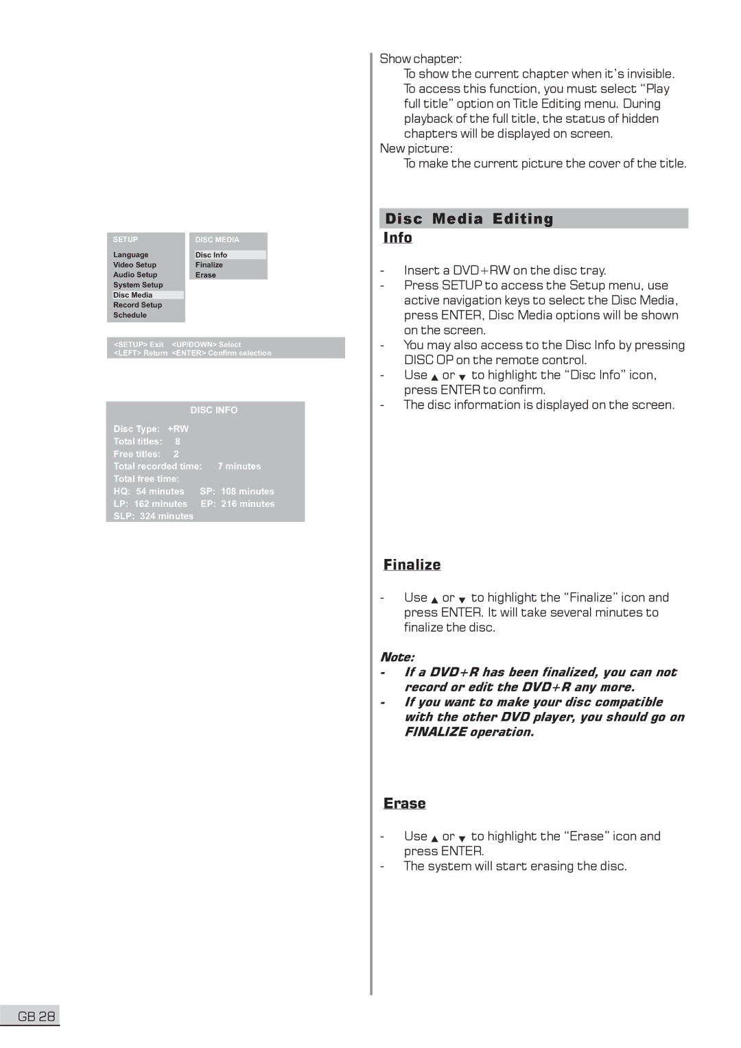 Centrios 1611304 user manual Disc Media Editing Info, Finalize, Erase, Disc Info 