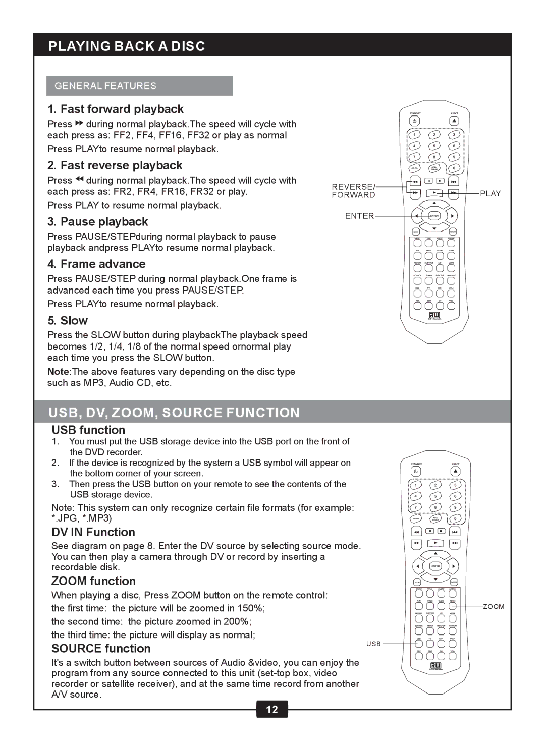 Centrios 1611305 manual USB, DV, ZOOM, Source Function, Fast forward playback 