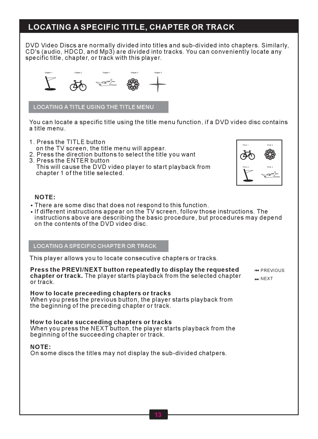 Centrios 1611305 manual Locating a Specific TITLE, Chapter or Track, How to locate succeeding chapters or tracks 