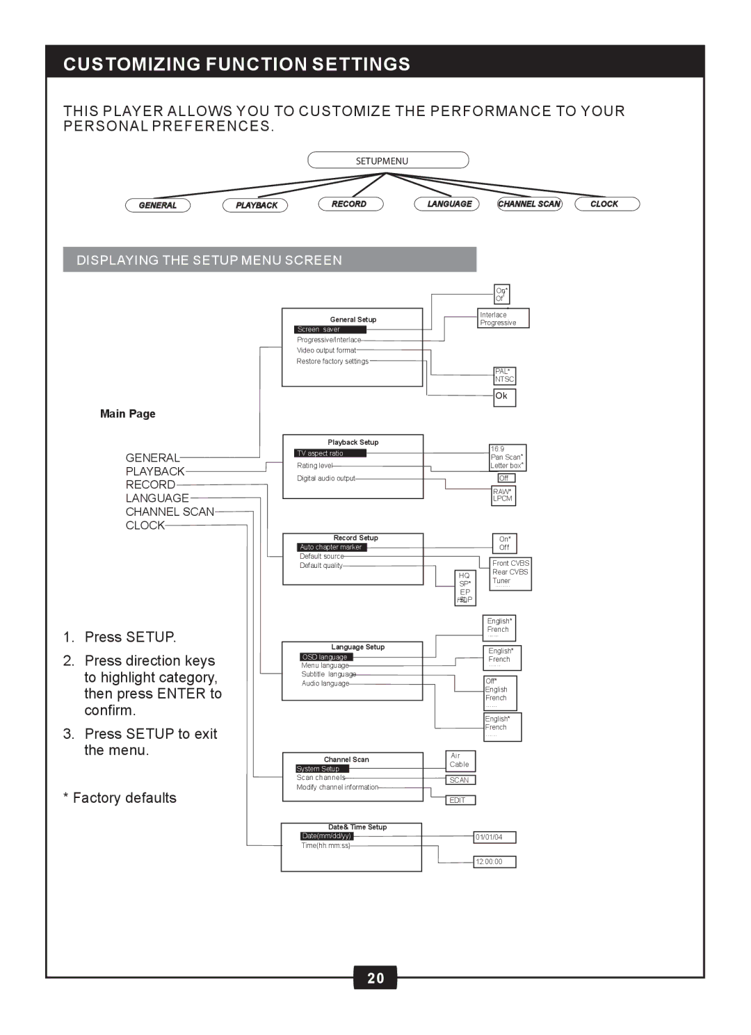 Centrios 1611305 manual Customizing Function Settings, Displaying the Setup Menu Screen 