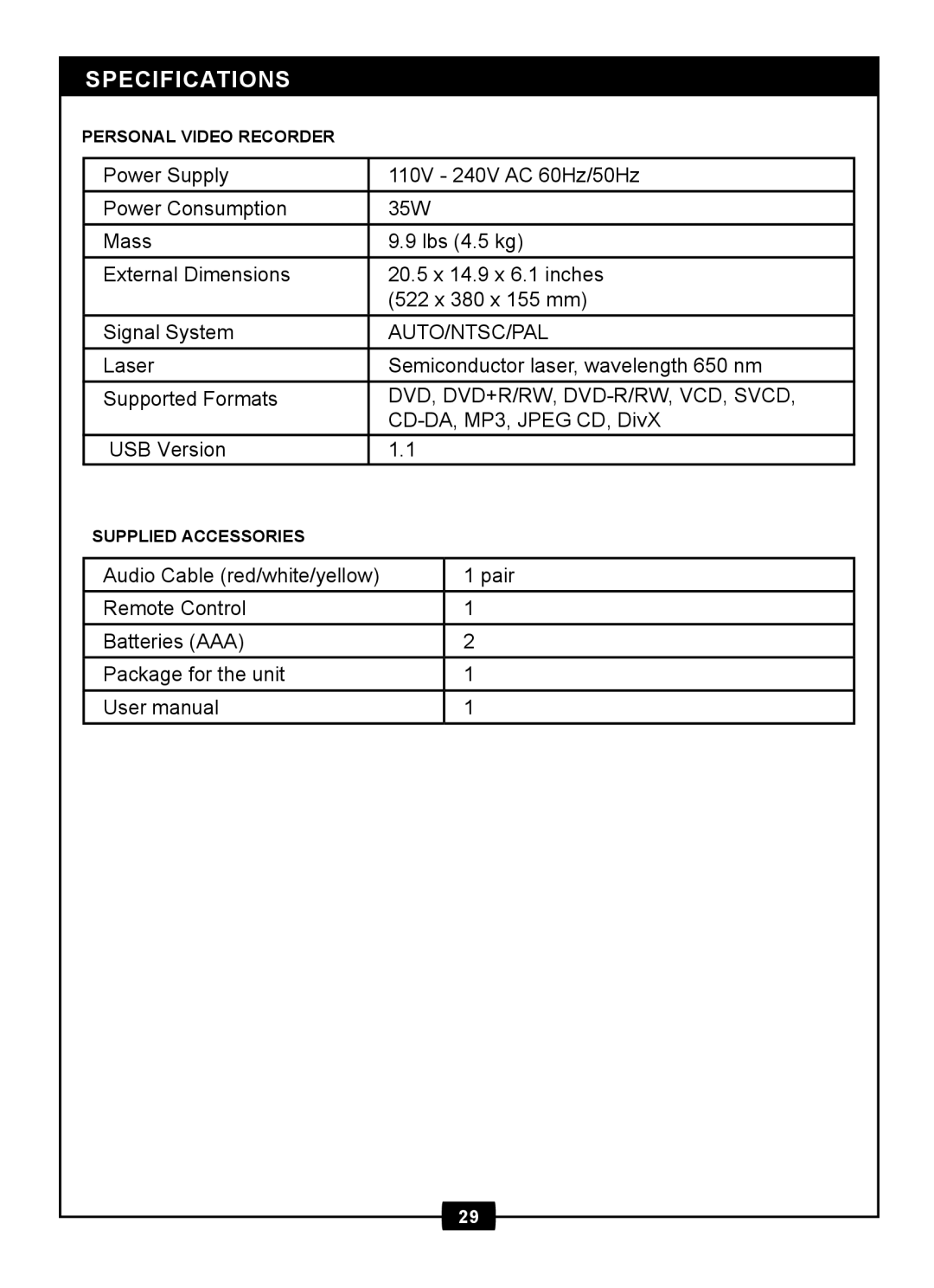 Centrios 1611305 manual Specifications, DVD, DVD+R/RW, DVD-R/RW, VCD, Svcd 