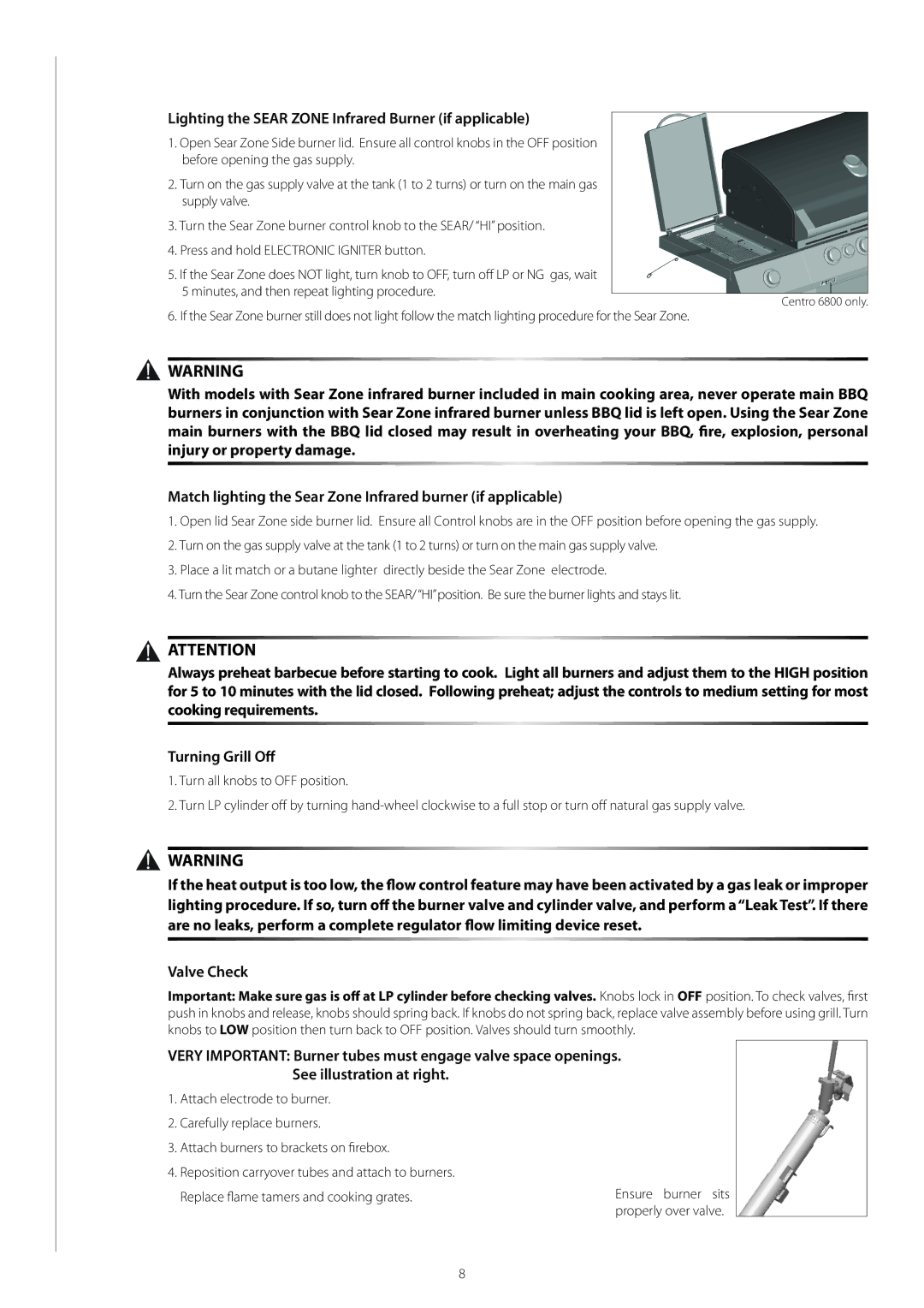 Centro 03122008 EJ warranty Lighting the Sear Zone Infrared Burner if applicable 