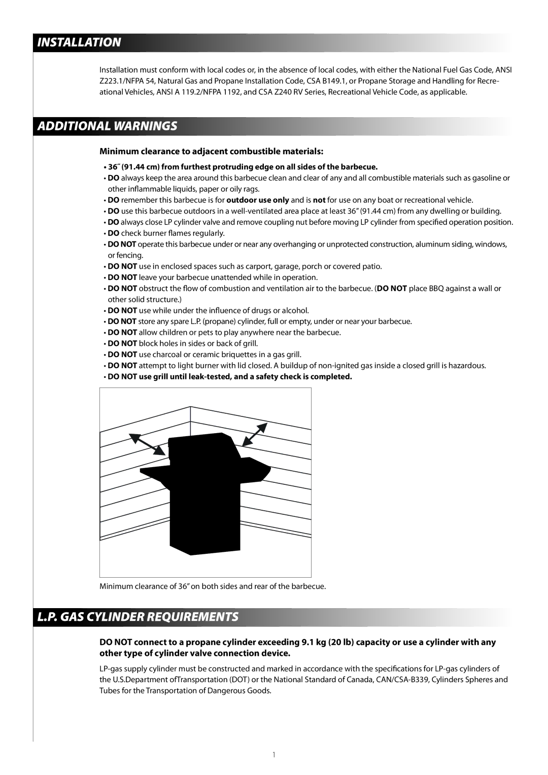 Centro 03122008 EJ warranty Installation, Additional Warnings, GAS Cylinder Requirements 