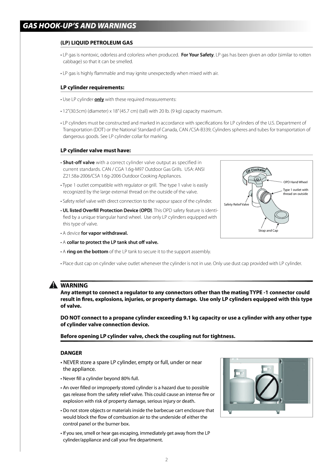 Centro 03122008 EJ warranty GAS HOOK-UP’S and Warnings, LP Liquid Petroleum GAS, LP cylinder requirements 