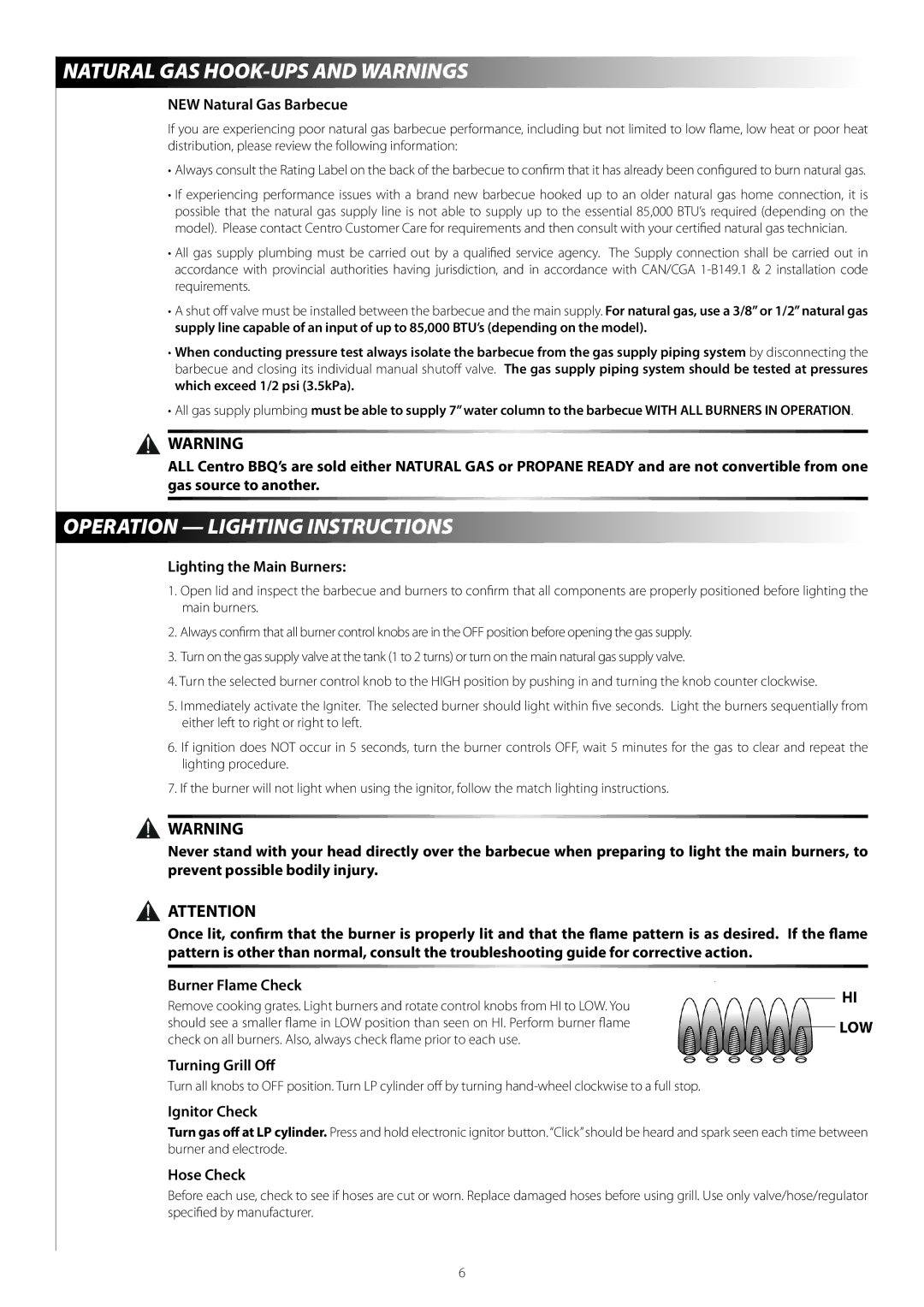 Centro 03122008 EJ warranty Natural GAS HOOK-UPS and Warnings, Operation Lighting Instructions 