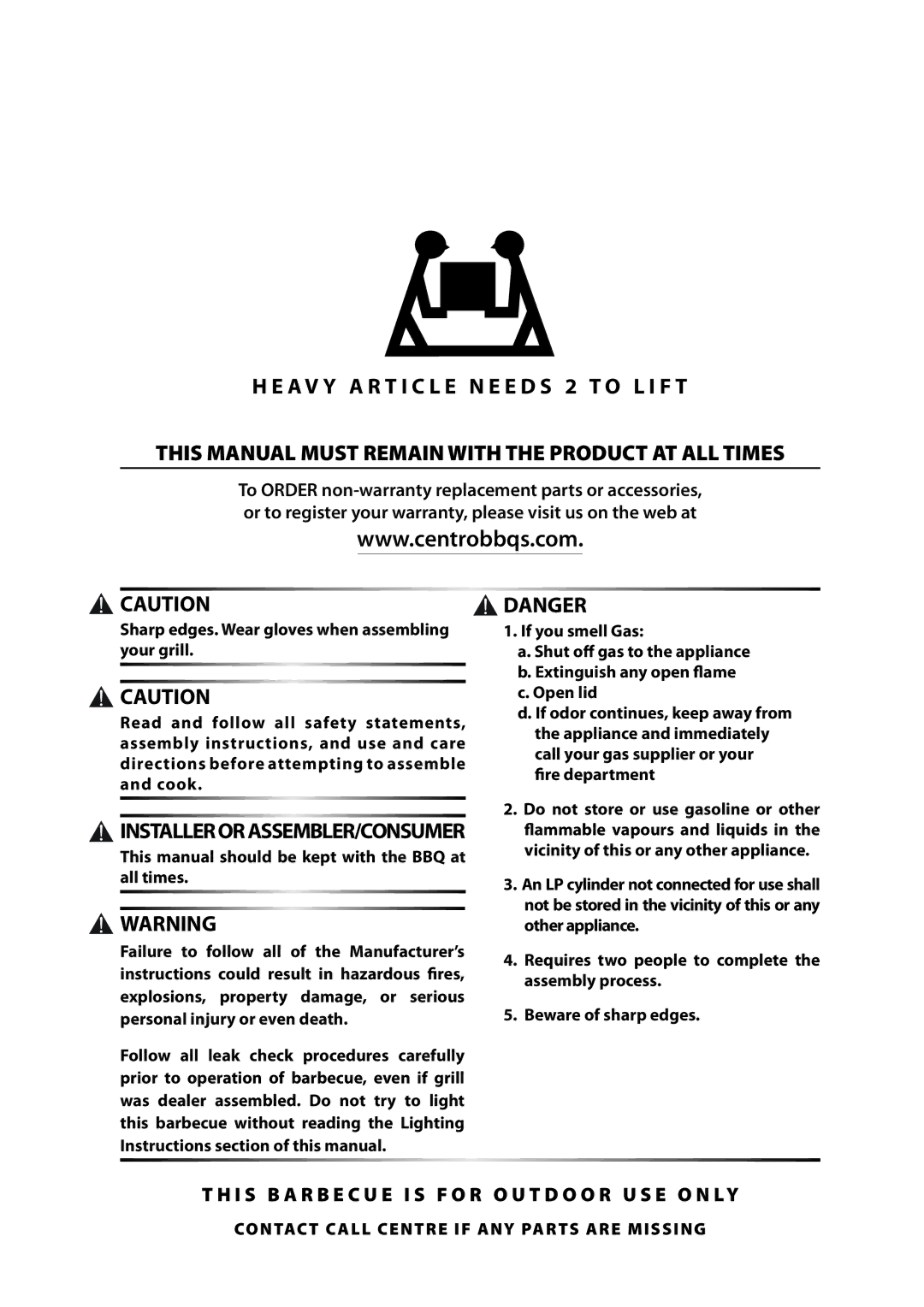 Centro 120407 warranty This Manual Must Remain with the Product AT ALL Times 