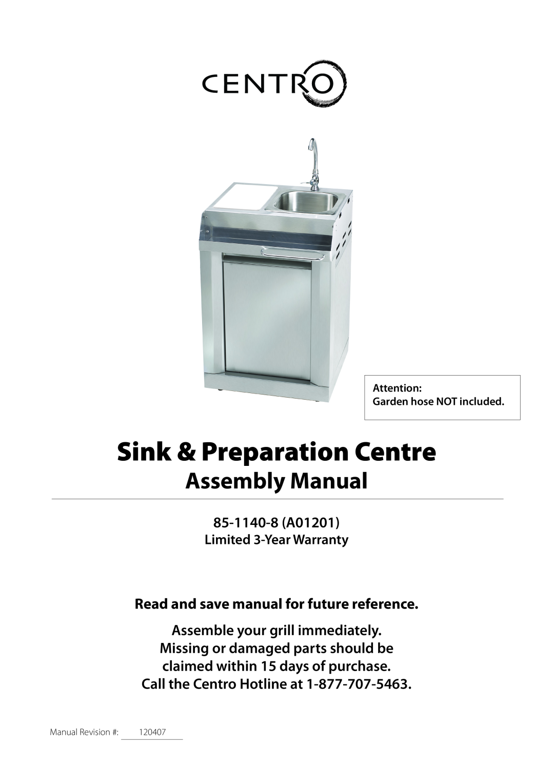 Centro 120407 warranty Missing or damaged parts should be claimed within 15 days of purchase, Sink & Preparation Centre 