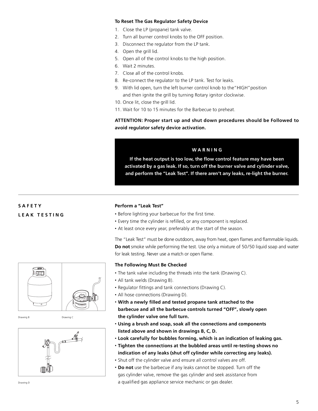 Centro 2000 warranty To Reset The Gas Regulator Safety Device, F E T Y A K T E S T I N G, Perform a Leak Test 