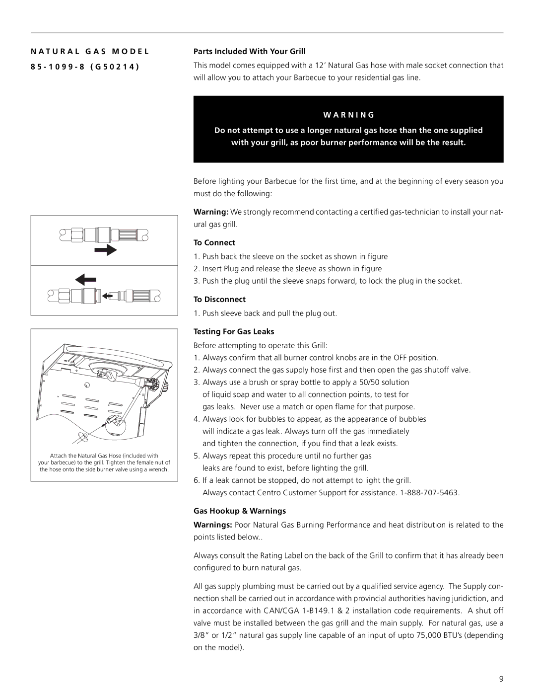 Centro 3000 T U R a L G a S M O D E L 8 5 1 0 9 9 8 G 5 0 2 1, Parts Included With Your Grill, To Connect, To Disconnect 