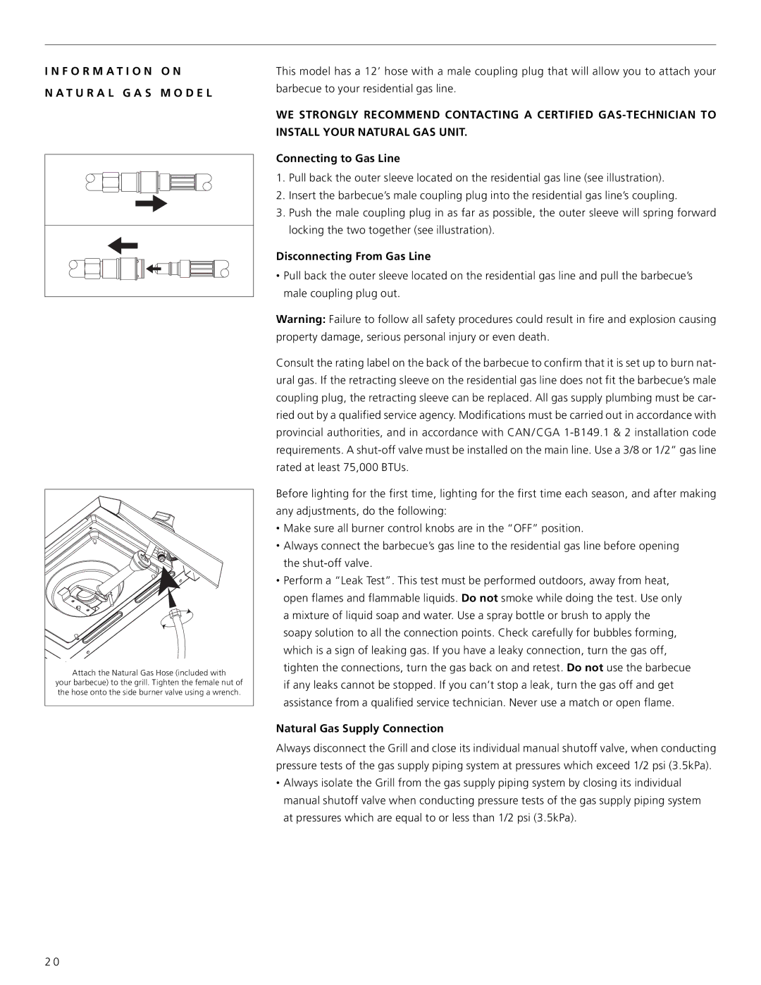 Centro 4000AS warranty F O R M a T I O N O N T U R a L G a S M O D E L, Connecting to Gas Line, Disconnecting From Gas Line 