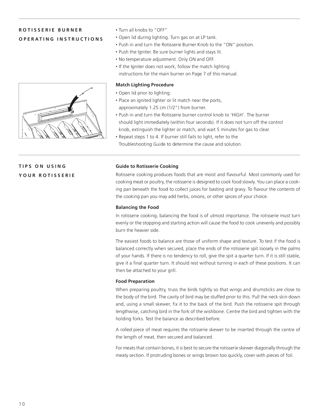 Centro 6000 SI warranty Match Lighting Procedure, P S O N U S I N G U R R O T I S S E R I E, Guide to Rotisserie Cooking 