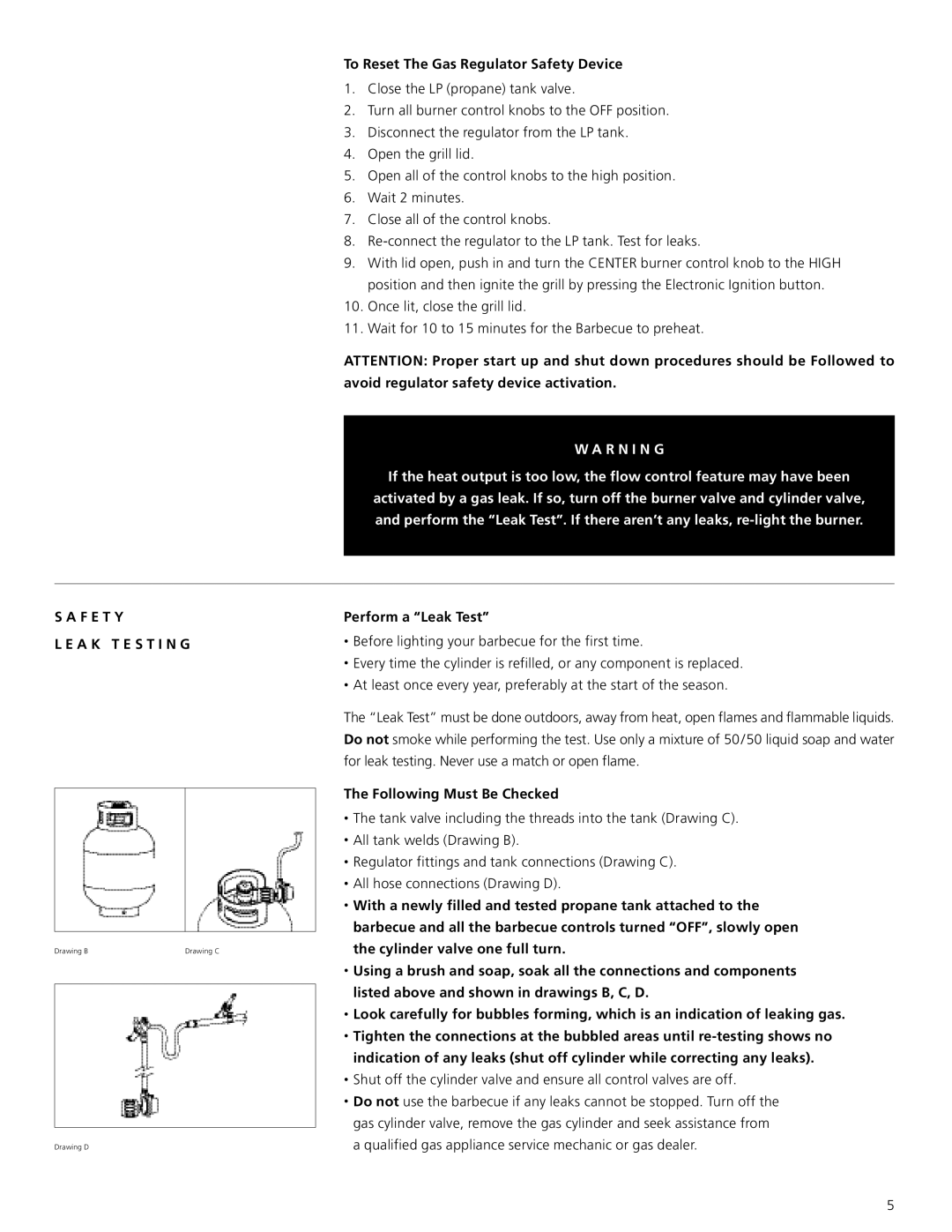 Centro 6500 warranty To Reset The Gas Regulator Safety Device, F E T Y A K T E S T I N G, Perform a Leak Test 