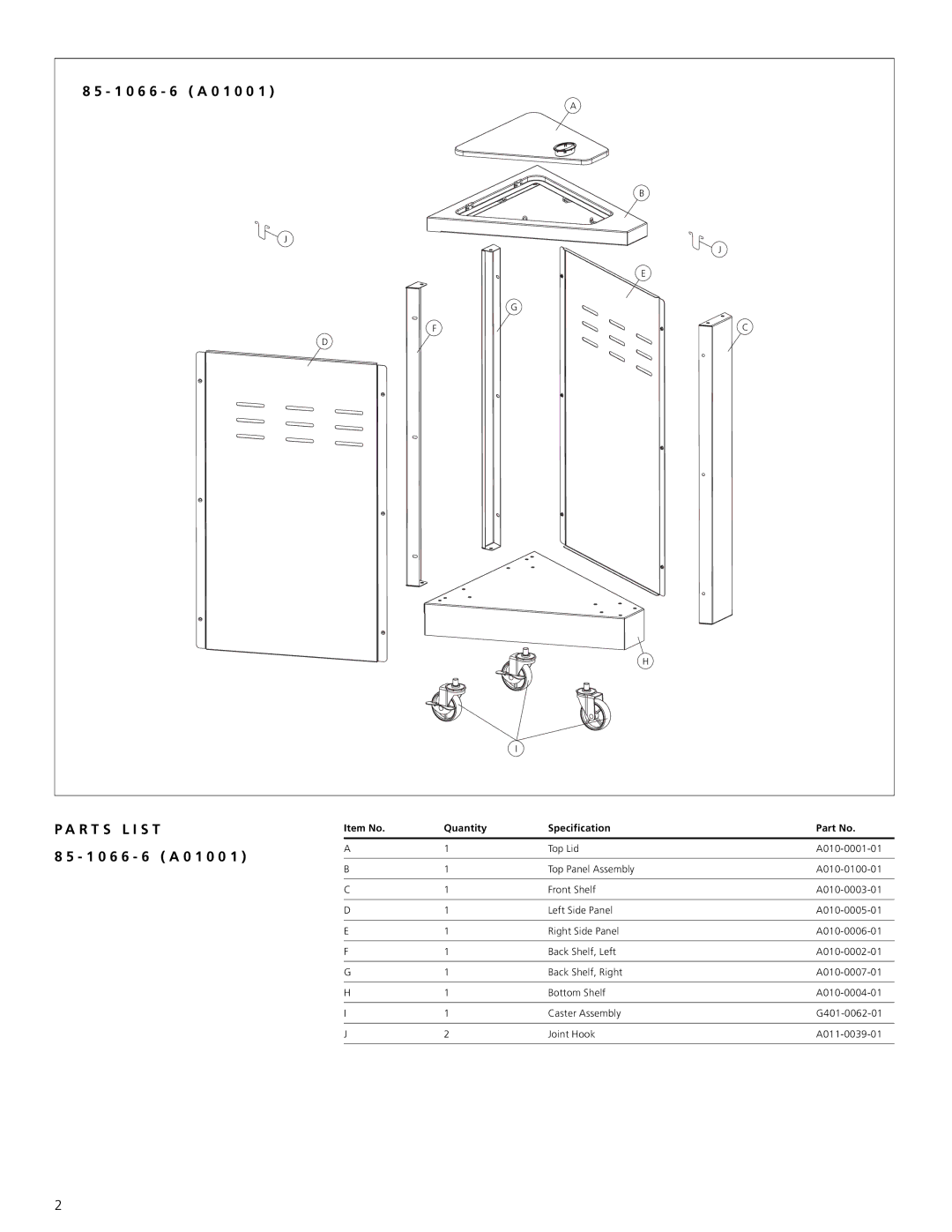 Centro 85-1066-6 (A01001) warranty R T S L I S T, Item No Quantity Specification 