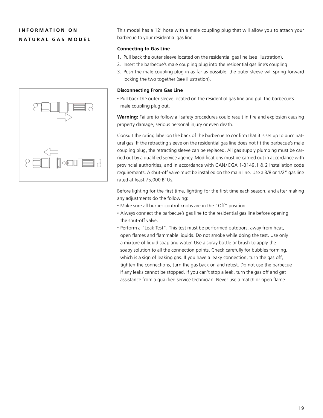 Centro 85-1198-2 F O R M a T I O N O N T U R a L G a S M O D E L, Connecting to Gas Line, Disconnecting From Gas Line 