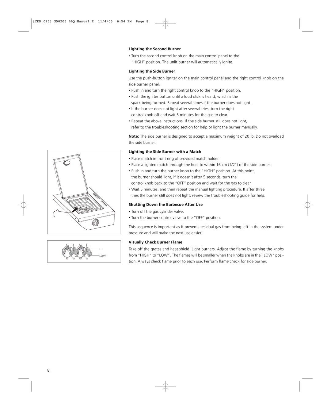 Centro G50205 Lighting the Second Burner, Lighting the Side Burner with a Match, Shutting Down the Barbecue After Use 