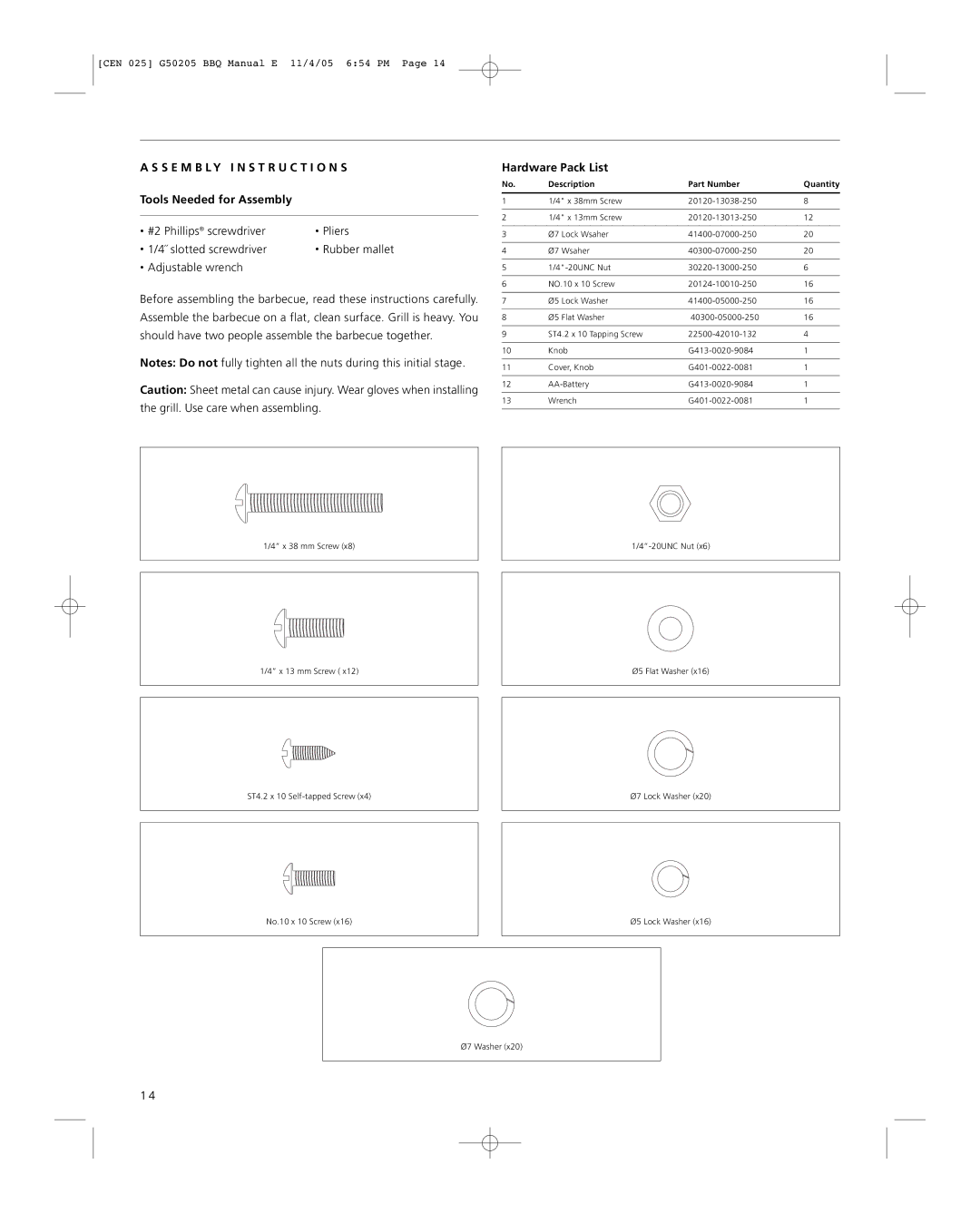 Centro G50205 warranty S E M B L Y I N S T R U C T I O N S, Tools Needed for Assembly, Hardware Pack List 