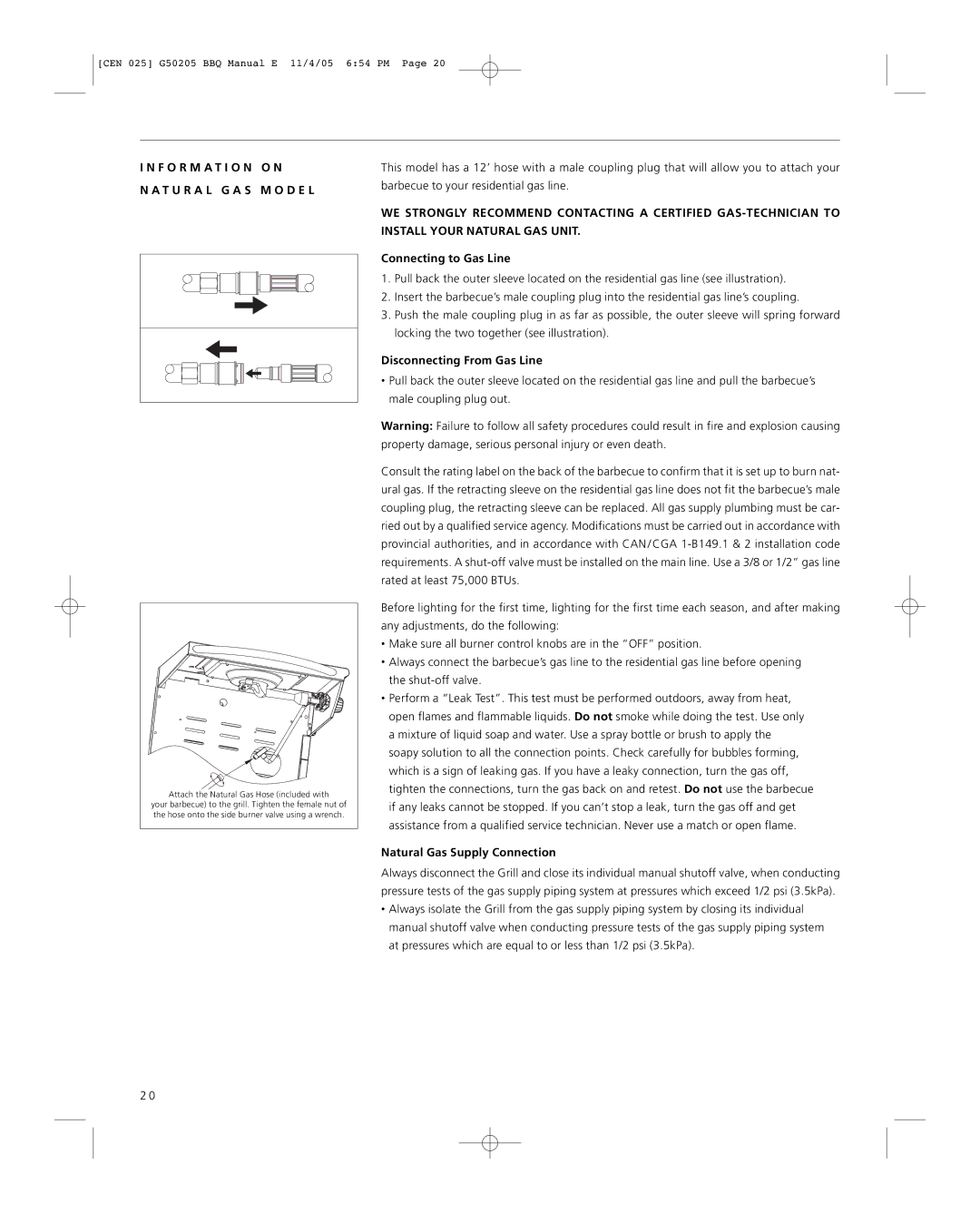 Centro G50205 warranty F O R M a T I O N O N T U R a L G a S M O D E L, Connecting to Gas Line, Disconnecting From Gas Line 