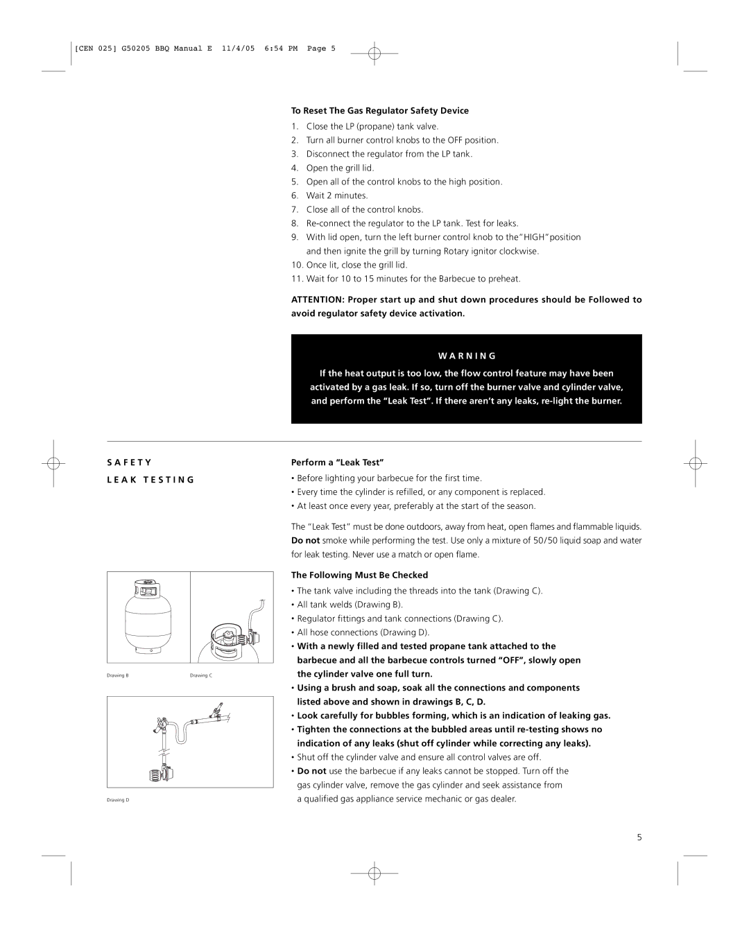 Centro G50205 warranty To Reset The Gas Regulator Safety Device, F E T Y A K T E S T I N G, Perform a Leak Test 