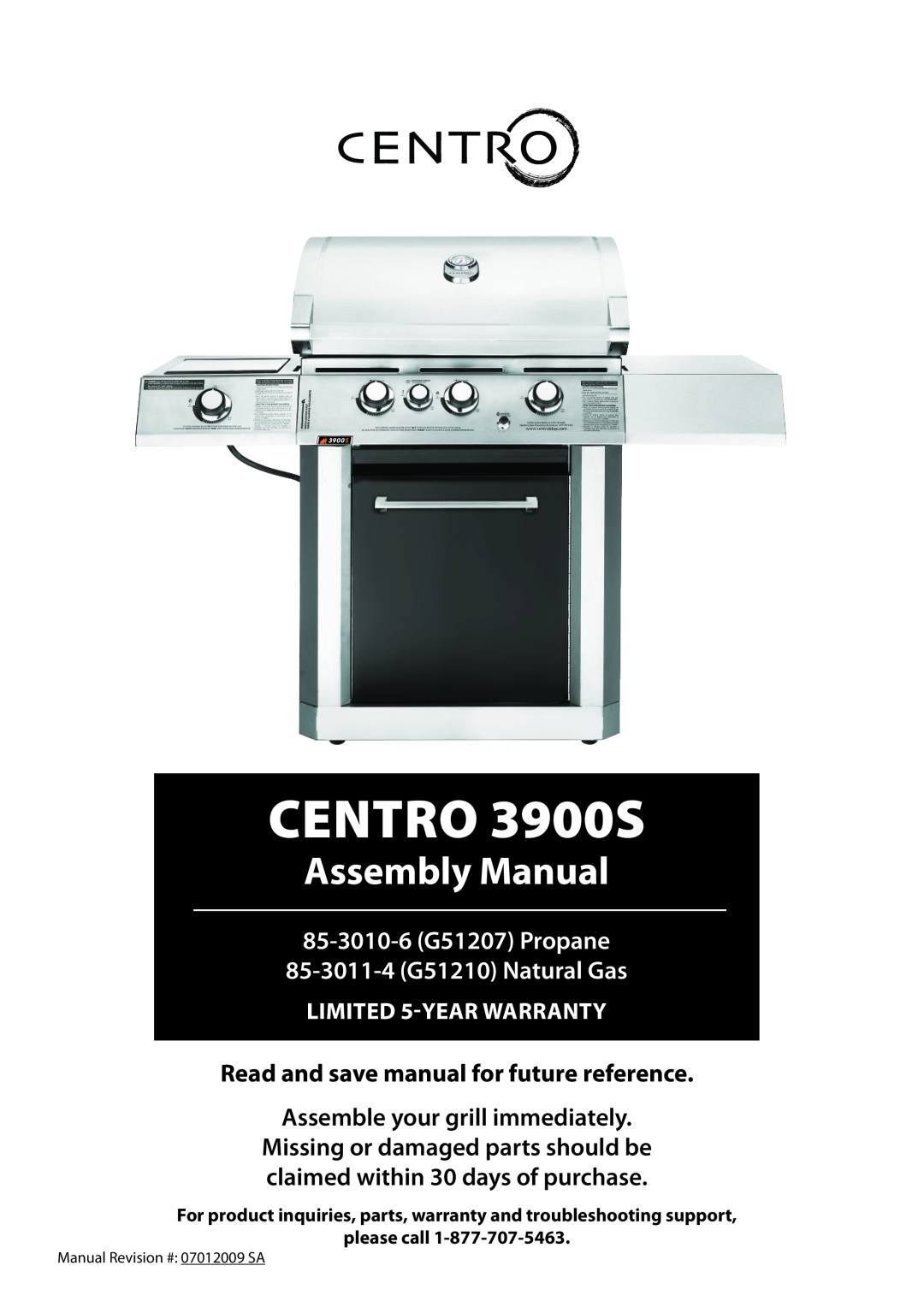 Centro 3900S warranty 85-3010-6 G51207 Propane 85-3011-4 G51210 Natural Gas, Read and save manual for future reference 