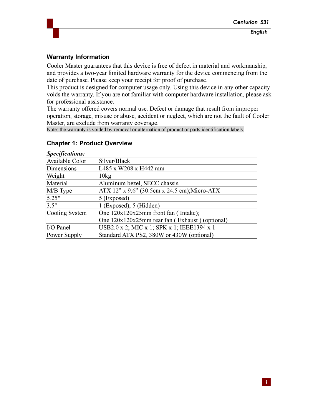 Centurion 531 warranty Warranty Information, Product Overview, Specifications 