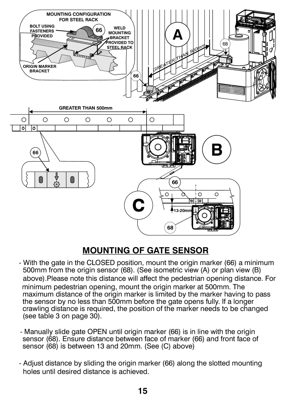 Centurion CP72SR5 installation manual Mounting of Gate Sensor, Mounting Configuration For Steel Rack 