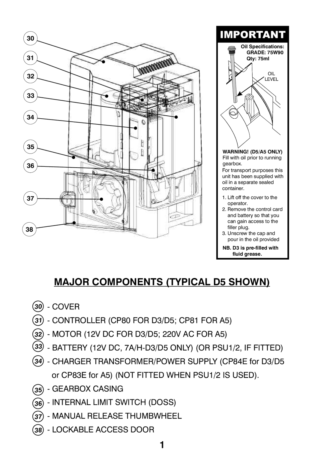 Centurion CP72SR5 installation manual Major Components Typical D5 Shown, Oil Specifications Grade 75W90 Qty 75ml 