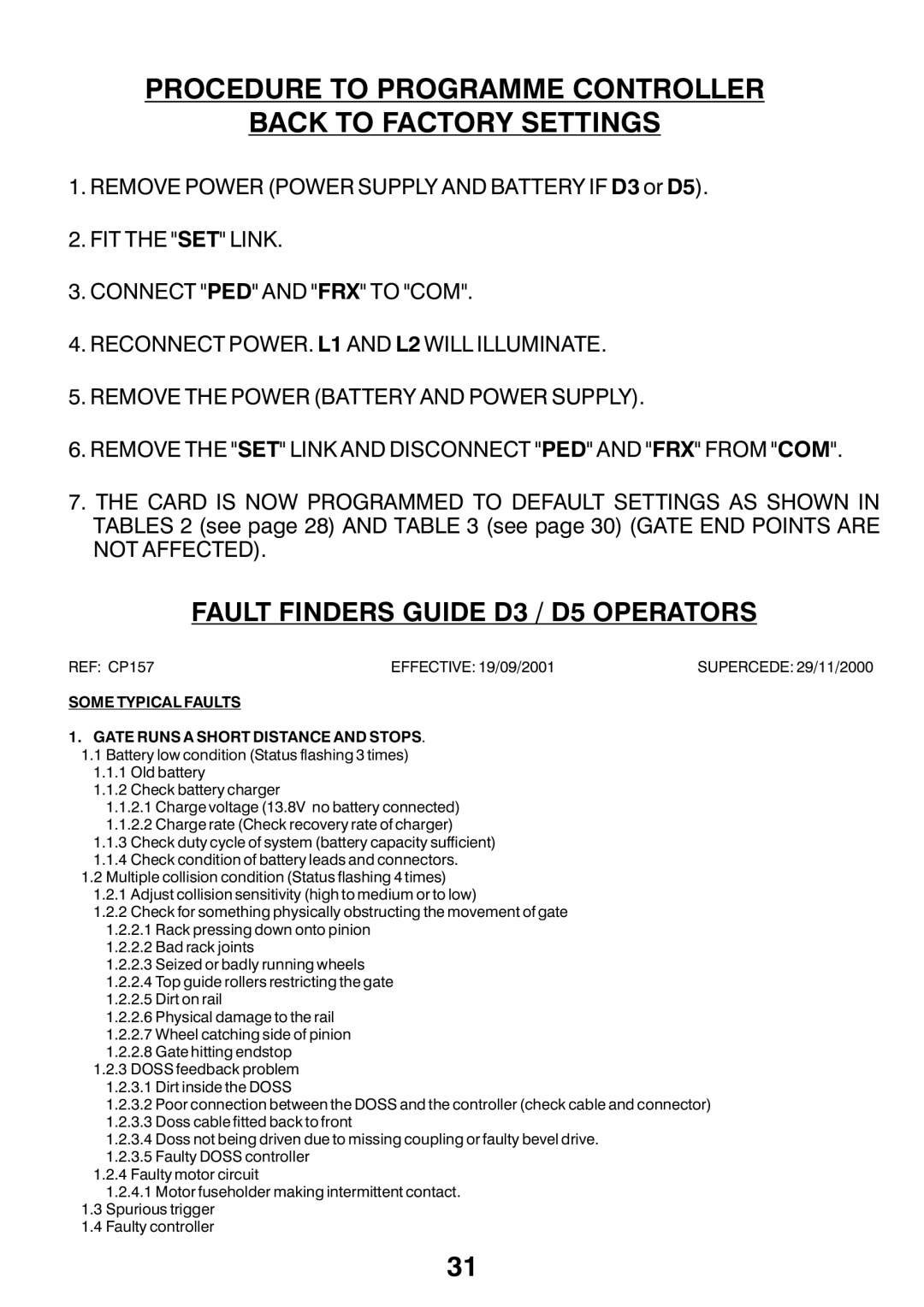 Centurion CP72SR5 Procedure to Programme Controller Back to Factory Settings, Fault Finders Guide D3 / D5 Operators 