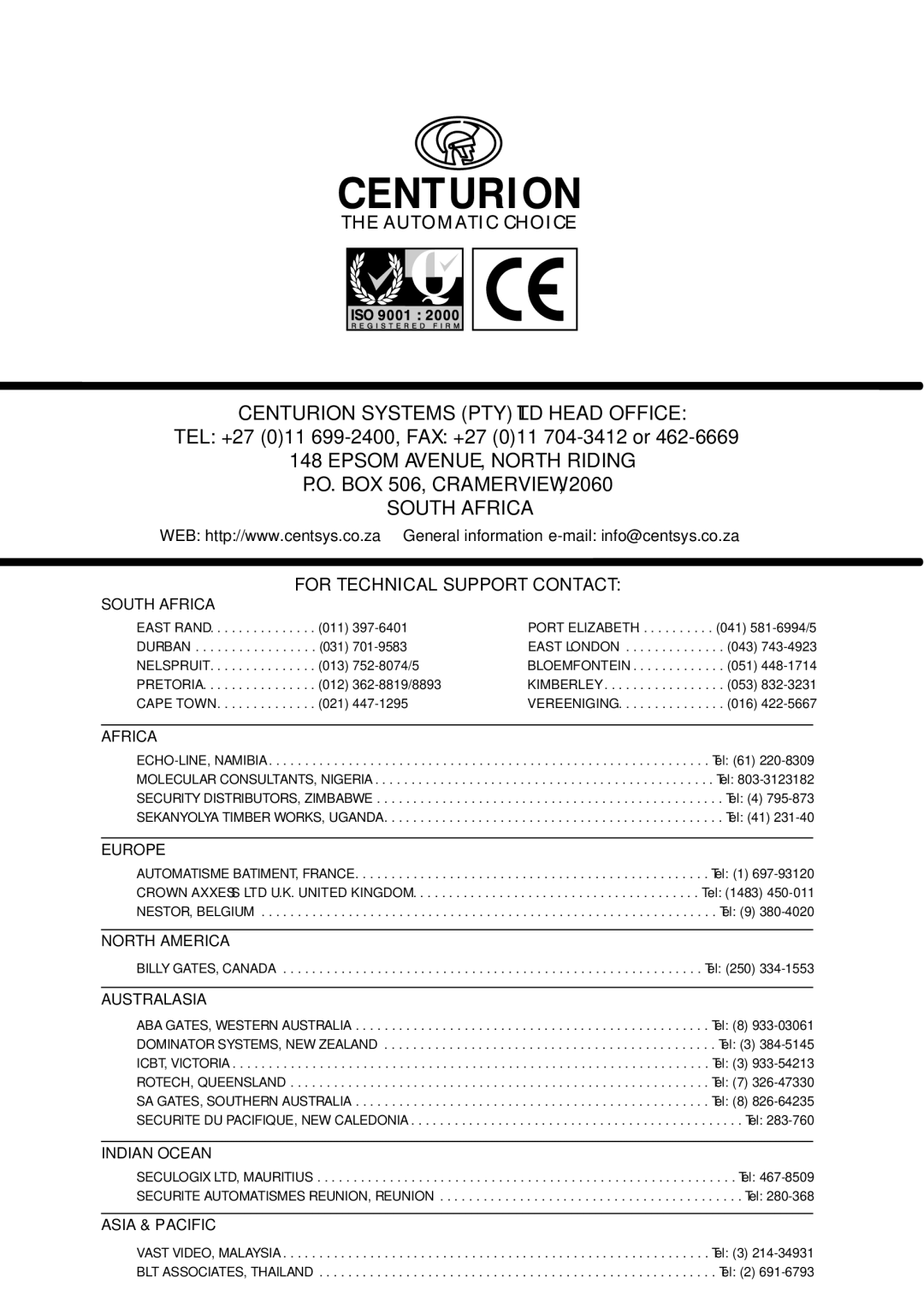 Centurion CP72SR5 installation manual Centurion 