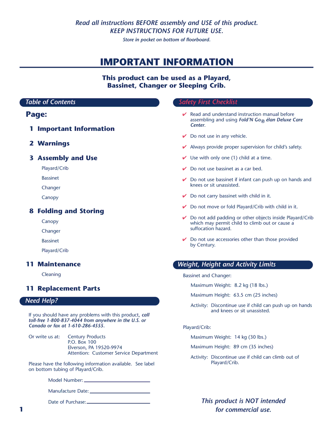 Century 10-762 instruction manual Table of Contents, Need Help?, Weight, Height and Activity Limits 