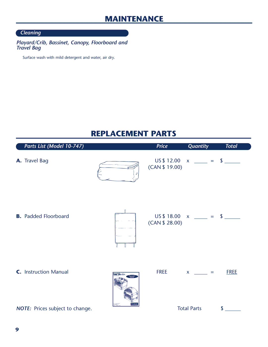 Century 10747 instruction manual Maintenance, Replacement Parts, Cleaning, Parts List Model Price Quantity Total 