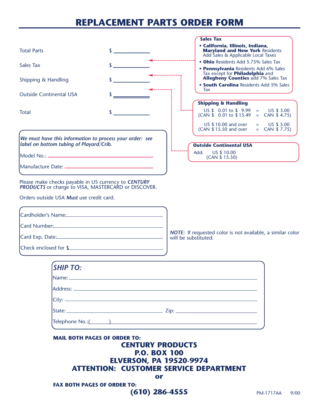 Century 10747 instruction manual Replacement Parts Order Form, Model No Manufacture Date 