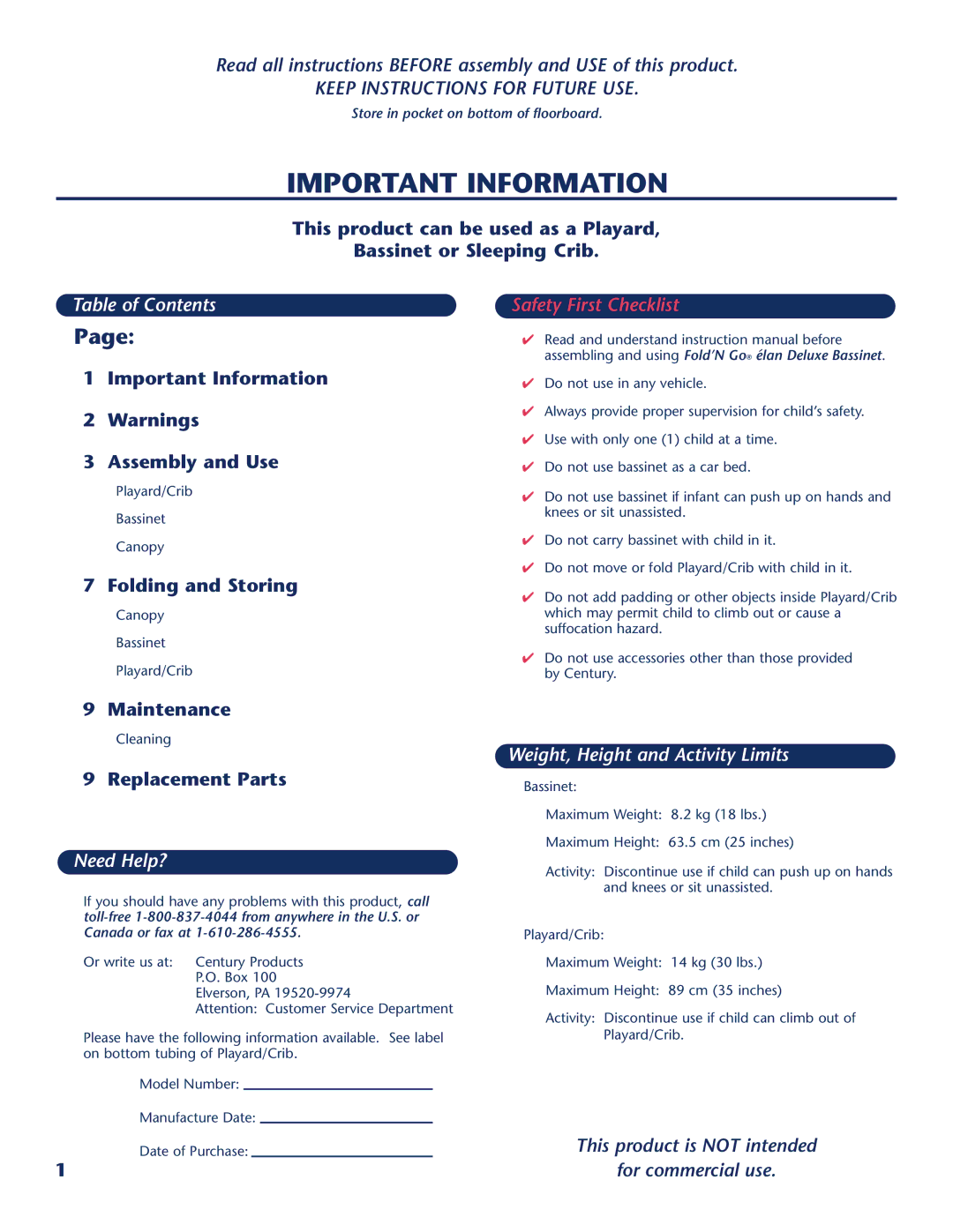 Century 10747 instruction manual Important Information, Table of Contents, Need Help?, Weight, Height and Activity Limits 