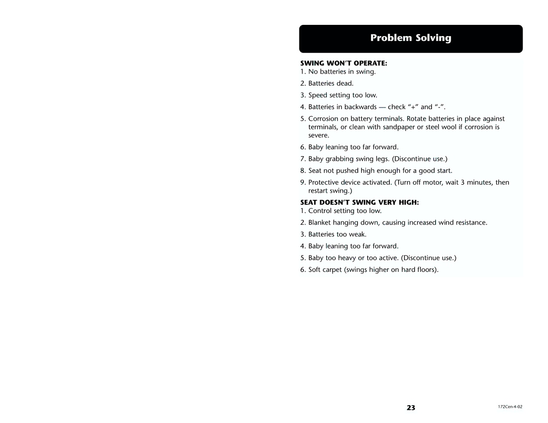Century 1470 manual Problem Solving, Swing WON’T Operate, Seat DOESN’T Swing Very High 