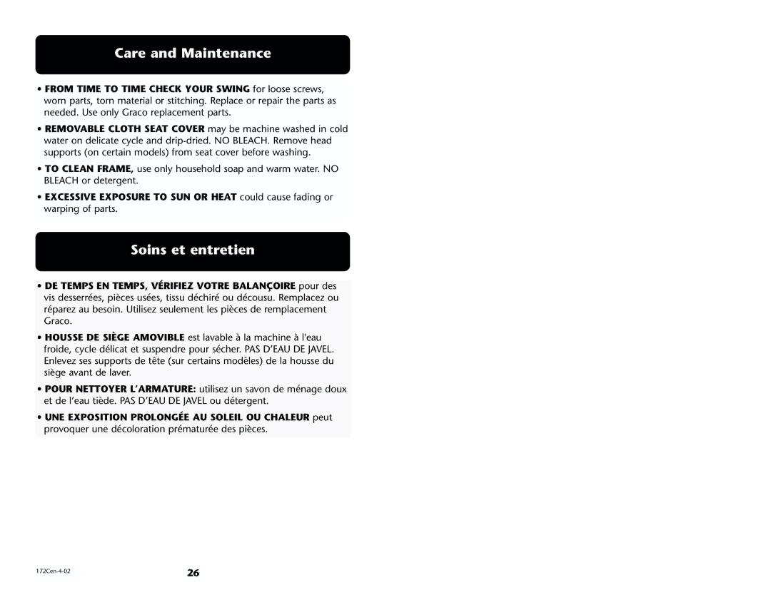 Century 1470 manual Care and Maintenance, Soins et entretien 