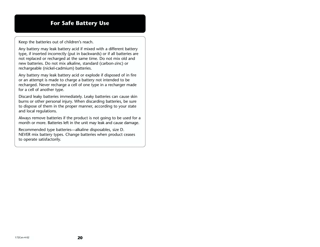 Century 1470 manual For Safe Battery Use 