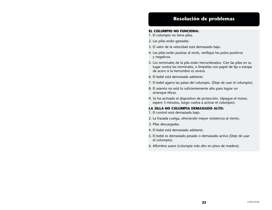Century 1470 manual Resolución de problemas, El Columpio No Funciona, La Silla No Columpia Demasiado Alto 