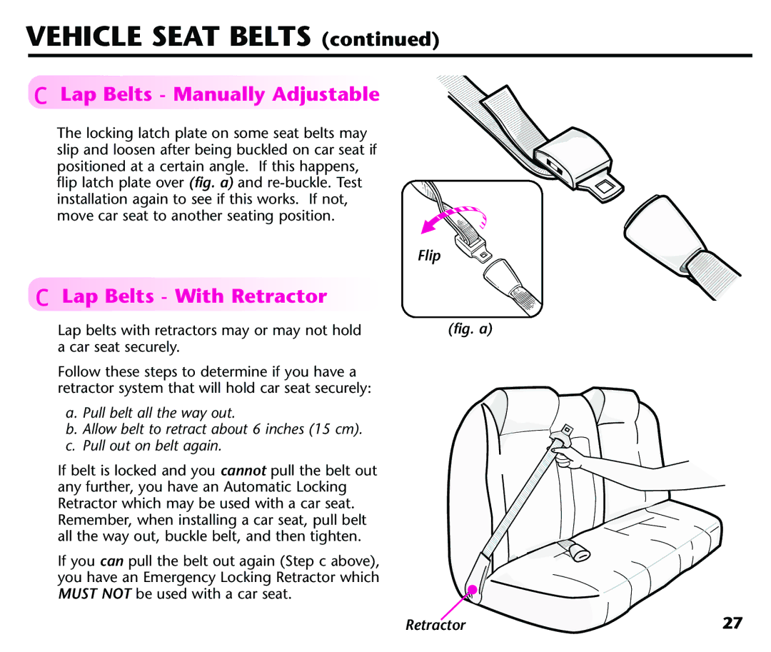 Century 44164, 44339 instruction manual Lap Belts Manually Adjustable, Lap Belts With Retractor, Flip 