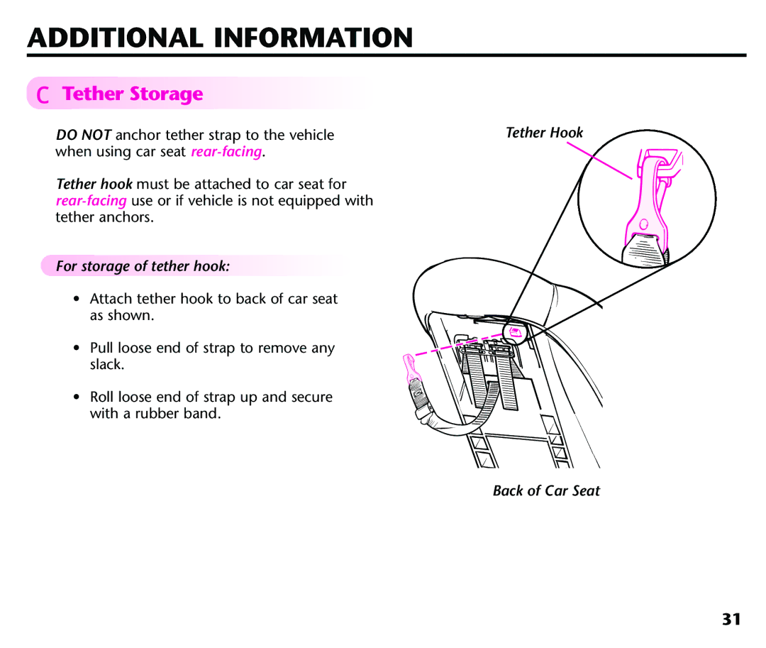 Century 44164, 44339 Additional Information, Tether Storage, For storage of tether hook, Tether Hook Back of Car Seat 