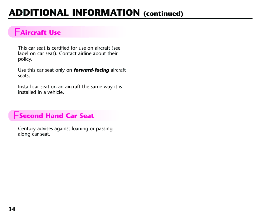 Century 44339, 44164 instruction manual Aircraft Use, Second Hand Car Seat 