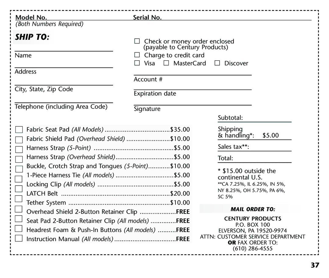 Century 44164, 44339 instruction manual Ship to, Both Numbers Required 