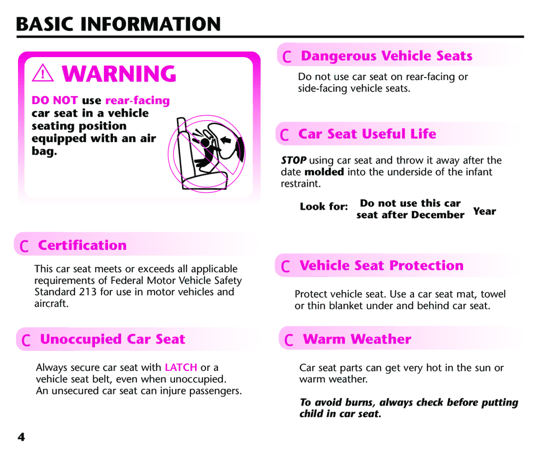 Century 44339, 44164 Basic Information, Certification, Vehicle Seat Protection, Unoccupied Car Seat F Warm Weather 