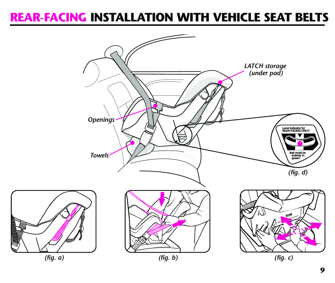 Century 44164 Rear-Facing Installation With Vehicle Seat Belts, LATCH storage under pad Openings Towels fig. d, fig. a 