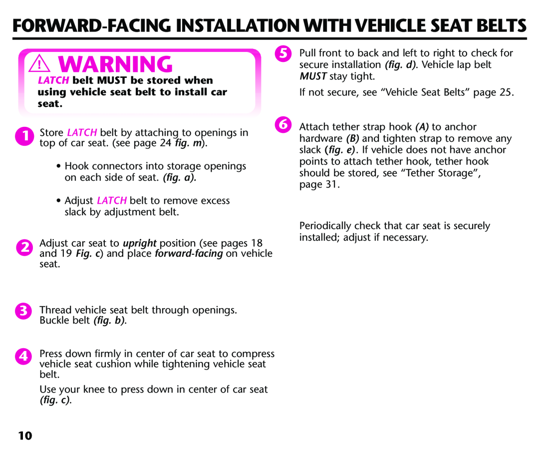 Century 44339, 44164 instruction manual Forward-Facing Installation With Vehicle Seat Belts, seat 