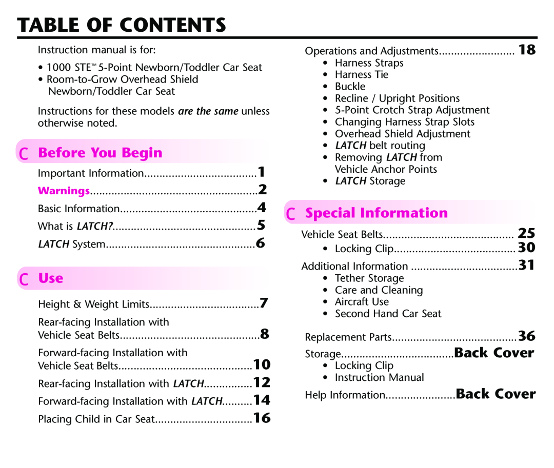 Century 44339, 44164 instruction manual Table Of Contents, F Before You Begin, F Use, F Special Information, Back Cover 