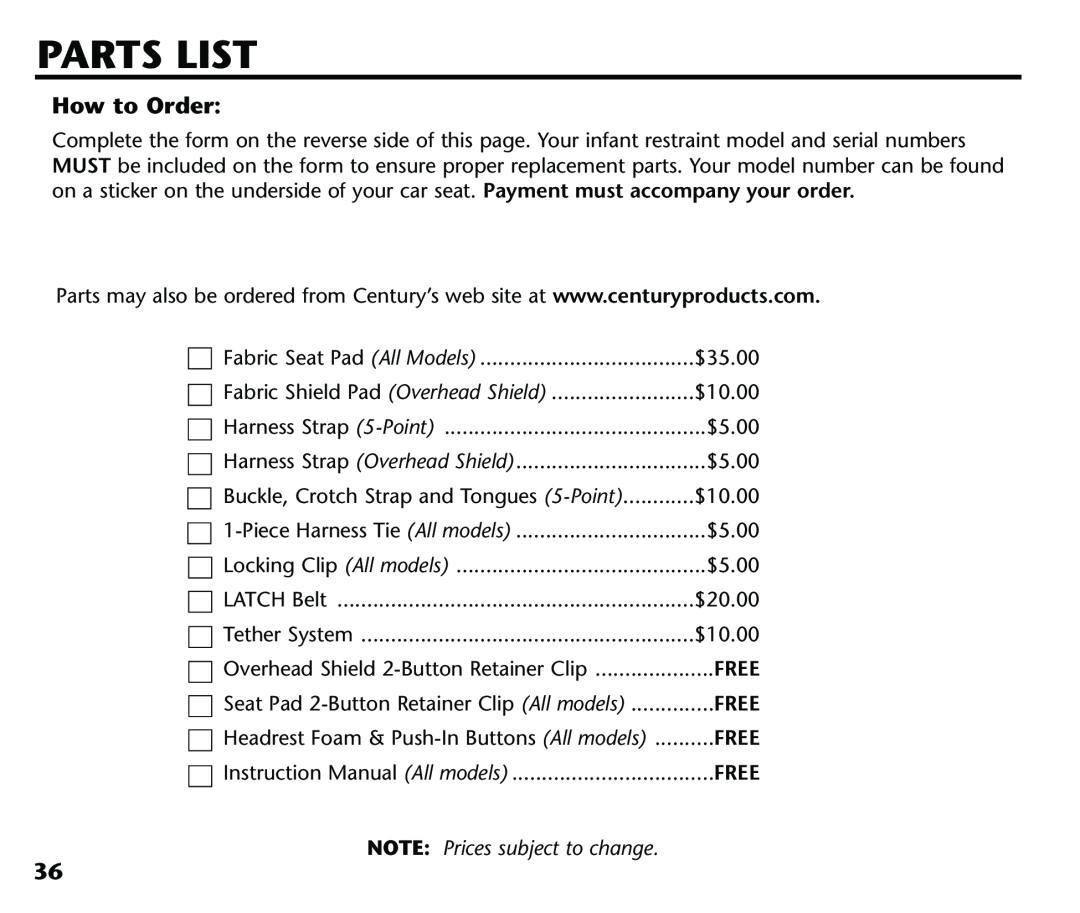 Century 44339, 44164 instruction manual Parts List, Free, NOTE Prices subject to change 