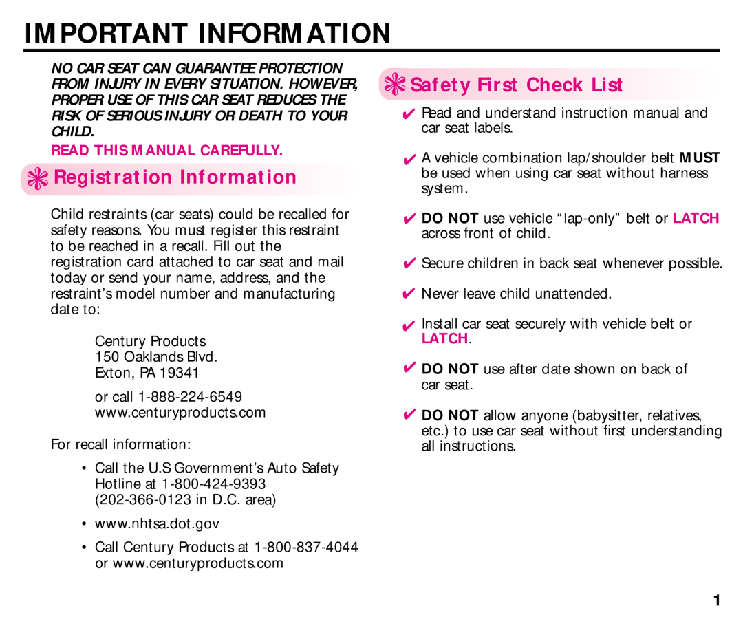 Century 44892L manual Important Information, Registration Information, Safety First Check List 