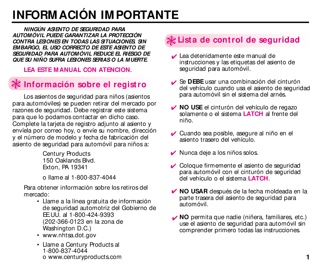 Century 44892L manual Información Importante, Información sobre el registro, Lista de control de seguridad 