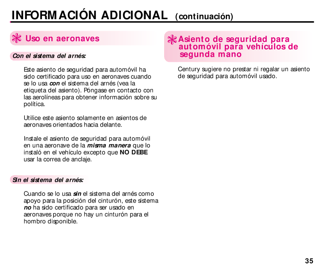 Century 44892L manual Uso en aeronaves, Con el sistema del arnés 