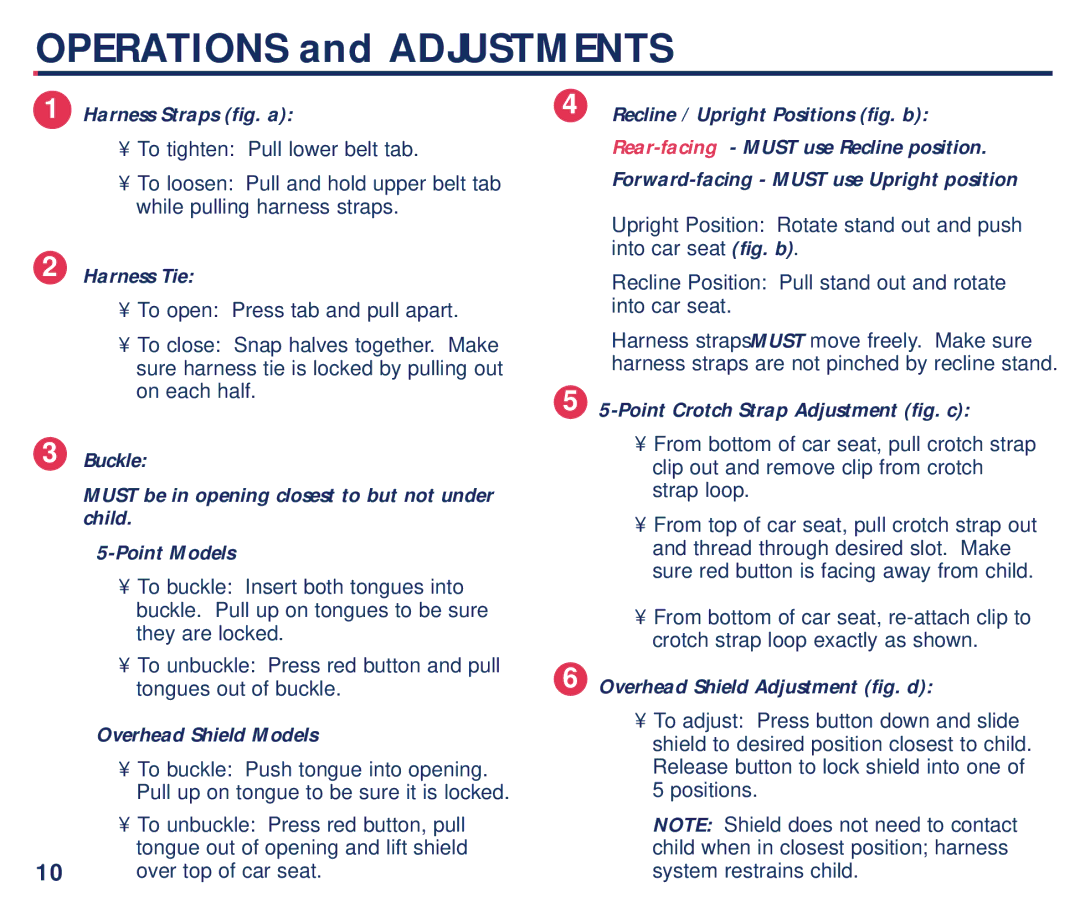 Century 45100 manual Harness Straps fig. a, Harness Tie, Overhead Shield Models, Point Crotch Strap Adjustment fig. c 